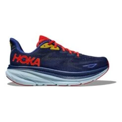 Scarpe HOKA Clifton 9 Wide Blu Scuro Rosso Brillante Giallo